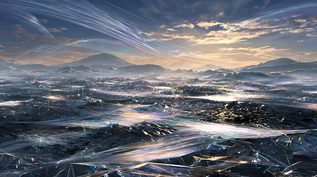 Surreal alien landscape featuring shimmering crystalline terrain under a dramatic golden sunset sky at twilight with crystalline ground reflecting