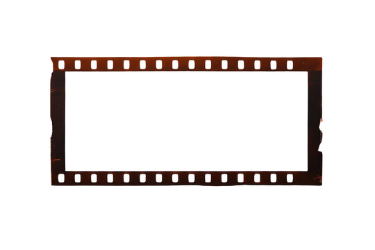 Vintage 35mm film strip frame with perforations and texture on transparent background, adding retro cinema effect