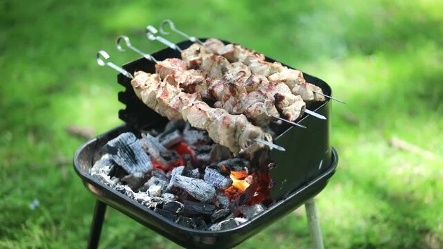 Meat skewers grilling over hot charcoal on a barbecue grill outdoors, with flames, smoke and green grass in the background