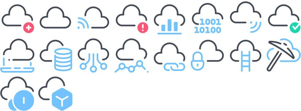 Cloud Storage Icon Set featuring computing, network, online, data, cyberspace, host, technology, remote, wireless, money, hosting, service, networking. Vector icon pack.