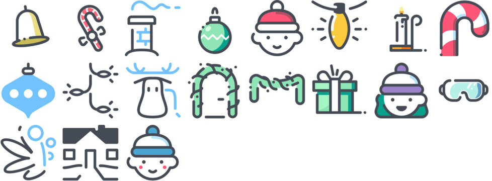 Christmas icons featuring xmas, holiday, decoration, new year, merry, winter, festive, hat, decorations, tree, ornament. Set of vector icons.