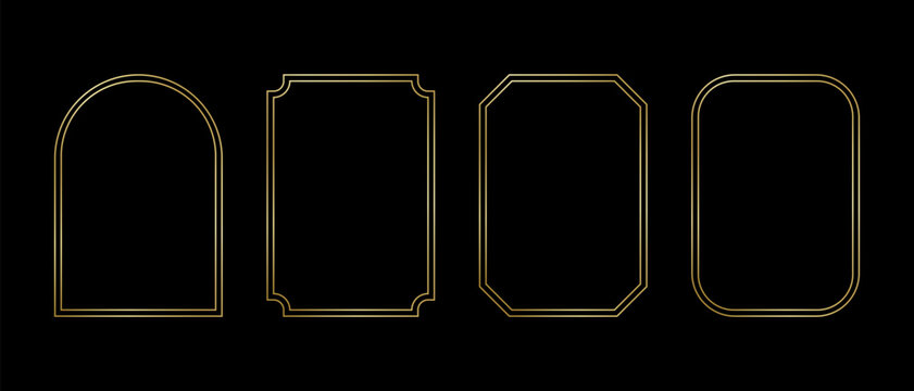Set of golden double concentric arch and rectangular frames. Luxury gold borders for wedding invitations or greeting cards, event or party banners isolated on black background. Vector illustration.