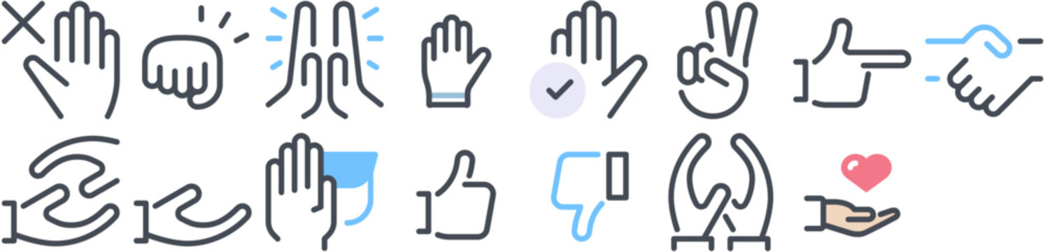 Hand Gestures Icon Pack including hand, gesture, sign, finger, hands, language, fingers, gesturing, right, palm, thumb, thumbs, good, ok, up. Vector icon pack.