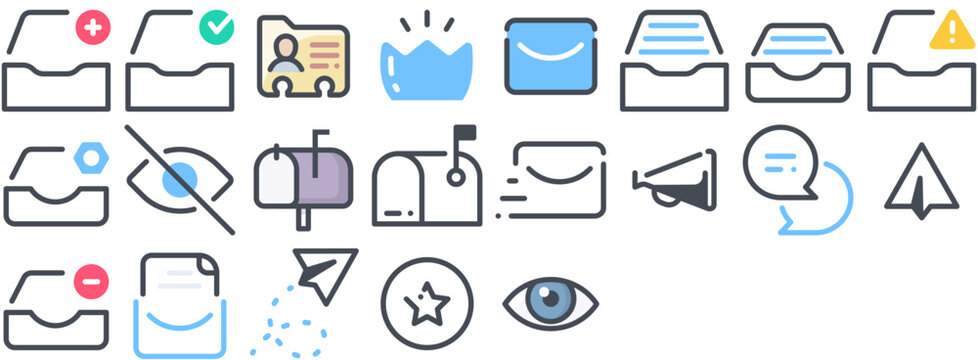 Messaging Icon Pack: star, inbox, mailbox, mail, message, send, crown, email, box, post, communication, paper, letter. Vector icon collection.