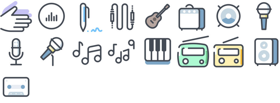 Music Icon Set including sound, audio, microphone, musical, radio, mic, speaker, piano, note, media, instrument, guitar. Vector icon pack.