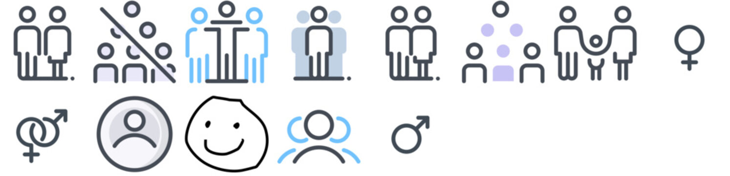 Users: user, male, man, profile, female, person, picture, people, group, love, avatar, human, woman, gender, social. Set of vector icons.