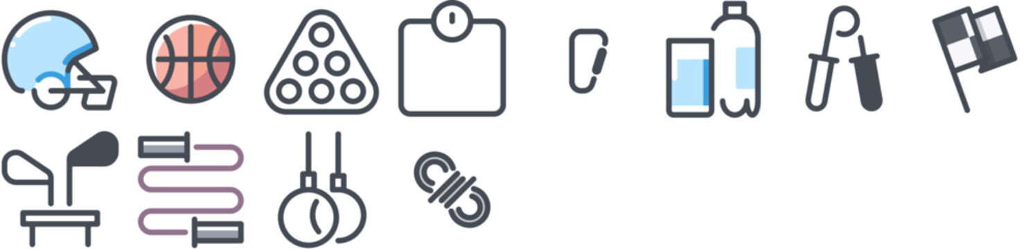 Sports Equipment Icons: rope, physical exercise, flag, sport, activity, golf, competition, hobby, fitness, game. Vector icon pack.