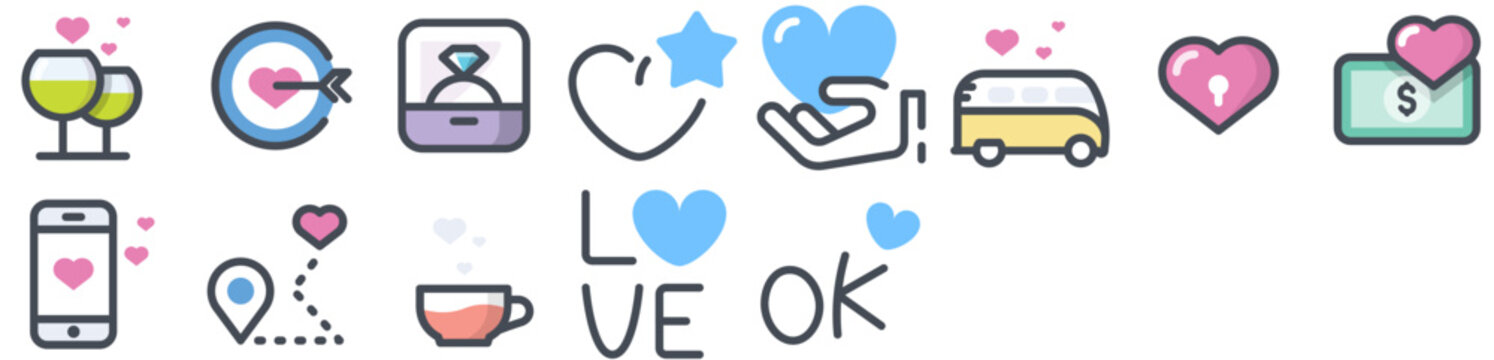 Valentine's Day Icon Set including love, heart, valentines, day, wedding, romantic, dating, st, valentine, romance, february 14, marriage. Vector icon collection.