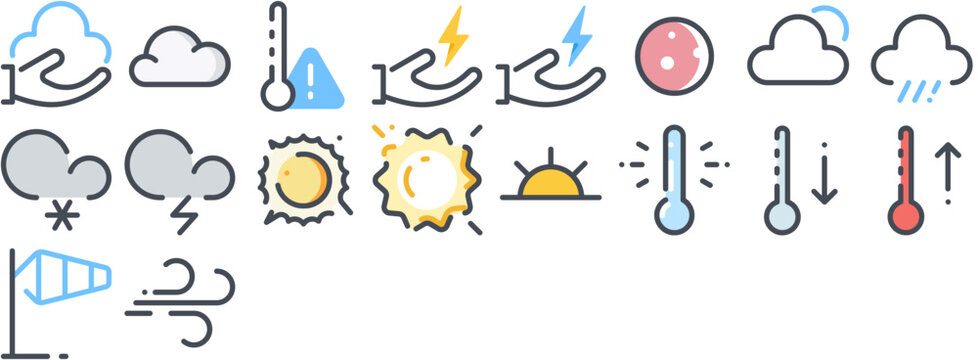 Weather: sun, day, storm, temperature, thermometer, cloud, snow, beam, climate, atmosphere, cloudy, lightning, wind, rain. Vector icon pack.