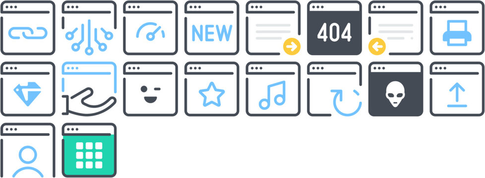 Websites Icon Pack including web, website, browser, modern, technologies, webpage, page, site, software, digital, data, interface, online, error. Set of vector icons.