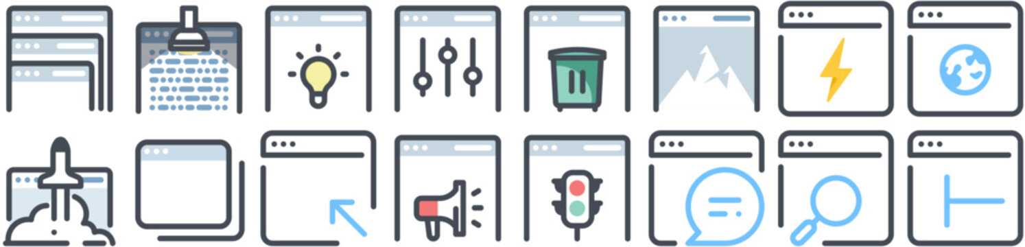 Application Windows &mdash; window, web, browser, interface, website, site, page, user, tab, online, digital, technology, desktop, search, display. Set of vector icons.