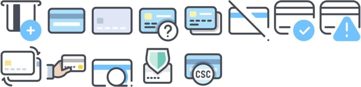 Bank Cards Icon Pack including credit card, payment, bank, finance, banking, money, transaction, debit, insert, atm, pay, security, shopping, financial. Set of vector icons.