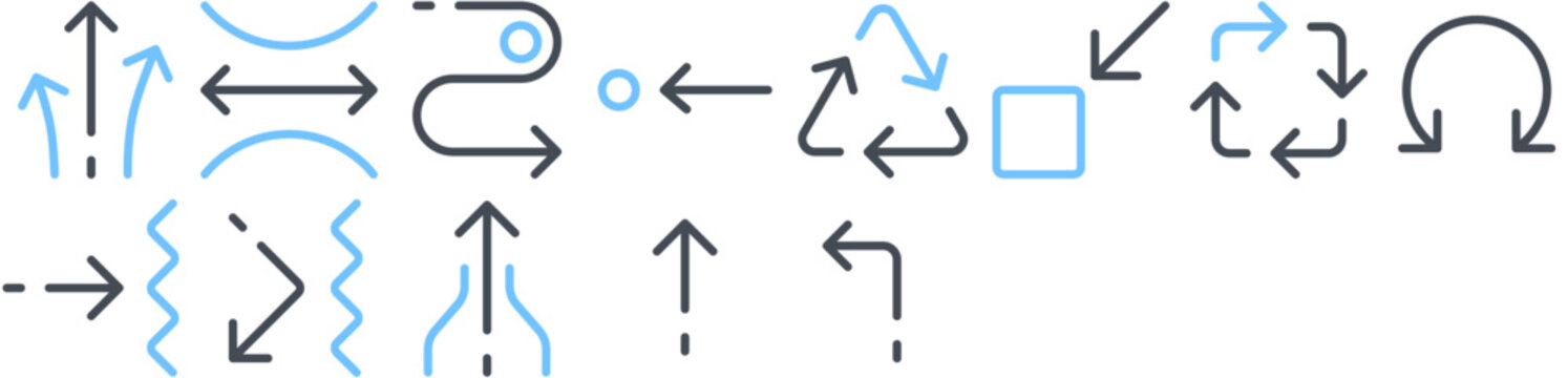 Arrows featuring arrow, direction, left, up, pass, pointing, way, moving, line, back, move, diagonal, go. Vector icon collection.