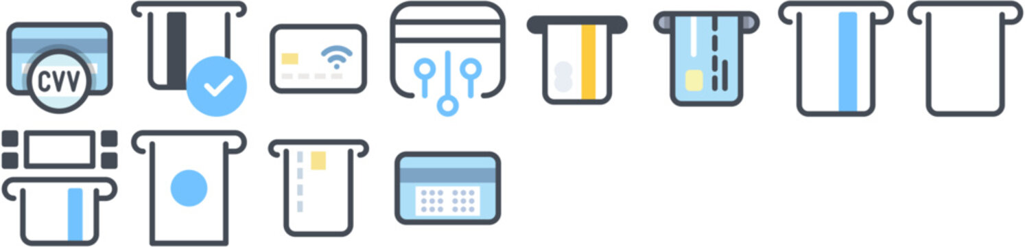 Bank Cards Icon Pack &mdash; credit card, payment, bank, finance, banking, money, transaction, debit, insert, atm, pay, shopping, financial. Vector icon pack.