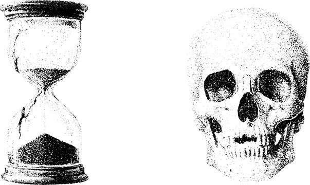 Cracked hourglass beside human skull with agape jaw for memento mori background and poster design