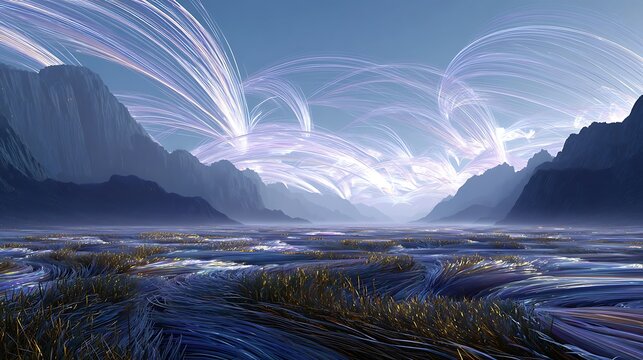 Surreal alien landscape featuring flowing energy trails above dark jagged mountain peaks at twilight with rugged mountain silhouettes landscape glowing light