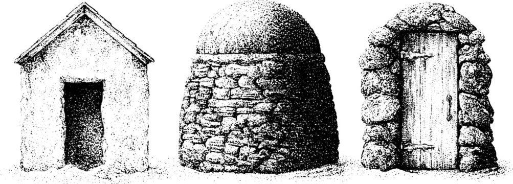 Black and white stippled ice house dome and stone door illustration set for vintage winter banner background and historical design elements