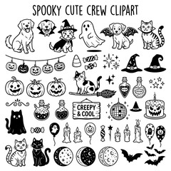 Fototapeta premium Halloween trick or treat vector illustrations set. Spooky cartoon icons for party invitations, decorations, and social media posts.