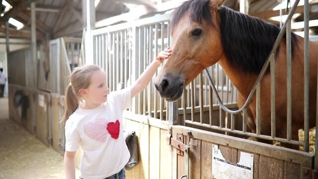 Young girl gently petting a bay horse in a stable, touching its muzzle during a calm equestrian activity
