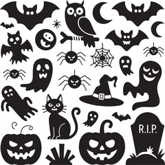 Obraz premium Halloween-themed black and white vector icons collection