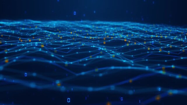 Blue encrypted network lock visual glowing connected mesh, floating security icons, and deep data field. Perfect for cyber defense videos, privacy explainers, secure systems, and technology overlays.