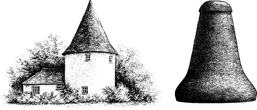 Oast house with conical roof and cowl in black and white stippled engraving style for design background and reference