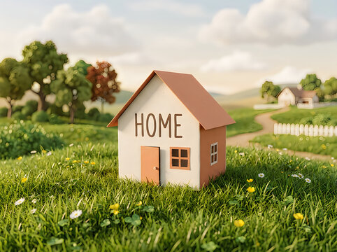 Small wooden home sign in a green field with wildflowers