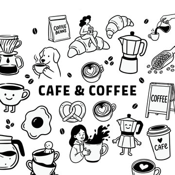 Hand-drawn coffee shop illustrations and cafe vector icons set. Black and white doodle art collection for branding, menus, and packaging design.