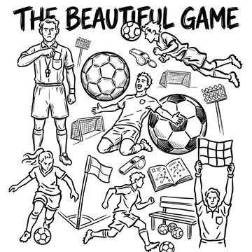 Vintage soccer players celebrating a goal with illustrations. Football team scoring in a classic match. Hand-drawn black and white cartoon of athle...