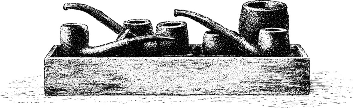 Wooden pipe rack with clay tobacco pipes black and white engraving for background display and vintage decor design