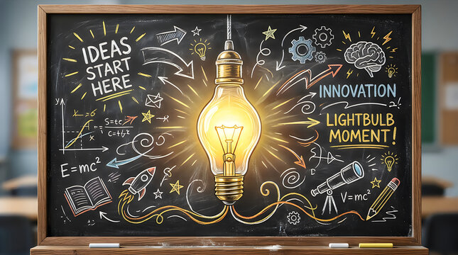 A glowing light bulb surrounded by hand drawn business strategy sketches and creative innovation concepts on a dark classroom chalkboard background