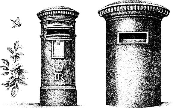 Victorian pillar post boxes with royal cipher crown and letter slot in black and white stipple for vintage postal design elements