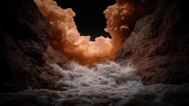 A dramatic waterfall plunges into a dark, rocky canyon, with a fiery orange sky above.