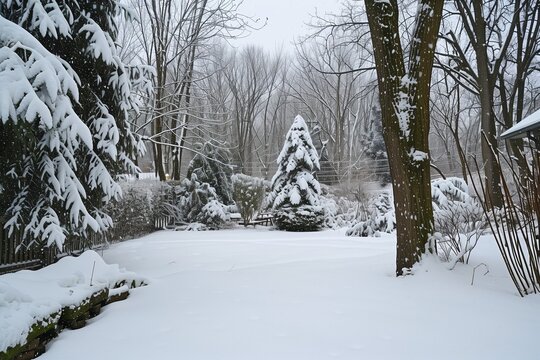 Quiet snowy backyard blanketed with fresh untouched snow, creating a peaceful winter landscape beneath soft natural daylight