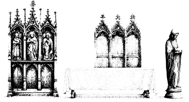 Medieval rood screen carved wood altar panels and figure statue black and white stipple architectural study for background and poster design