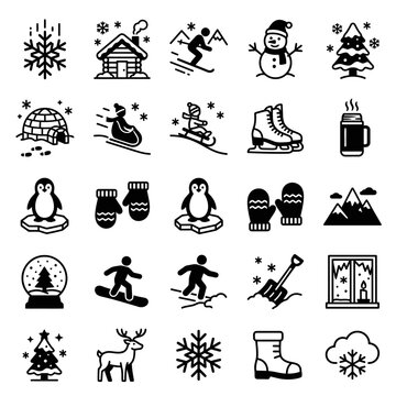 Winter Icons Set: Snowflakes, Skiing, Snowman, Igloo, Penguin, Sledding, Snowboarding