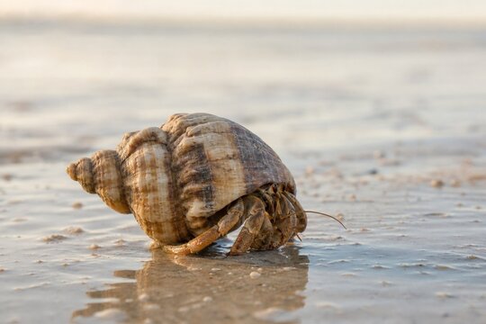 Hermit crab in oversized seashell crawling on wet morning sand.