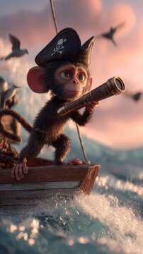 Playful baby monkey dressed as a pirate, holding a spyglass and sailing on a boat at sea