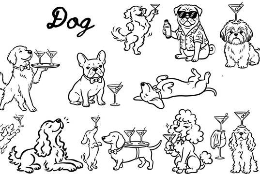 Fifty diverse dog breeds celebrating with martini glasses. Hand-drawn vector illustrations of stylish canines toasting in a party setting.