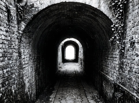 Old brick tunnel entrance with bright light at the end in black and white