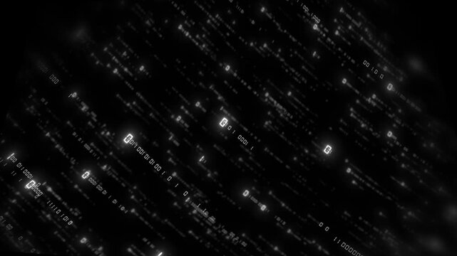 Monochrome programming code visual floating white snippets, black software space, blurred technical texture. for developer videos, cyber security screens, terminal intros, and digital overlays.