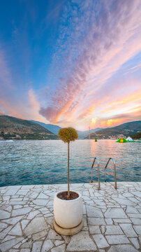 Amazing View on  Franjo Tudjman bridge from  beach Copacabana at sunset in Dubrovnik.