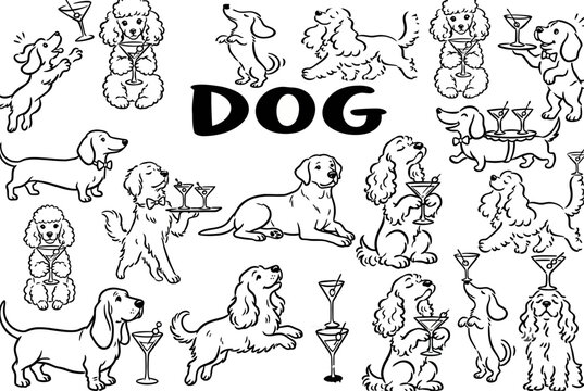 Dog sipping martini cocktail in stylish bar setting. Playful pet illustrations for luxury branding and festive designs.