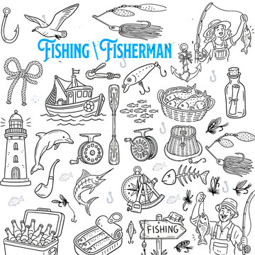 Fishing themed vector collection with 50 hand-drawn elements for commercial use. Fishing and angler icons set with isolated objects on white backgr...