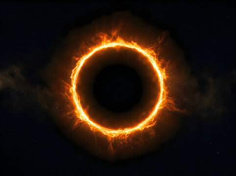 Bright orange solar eclipse ring in dark space with fiery glow