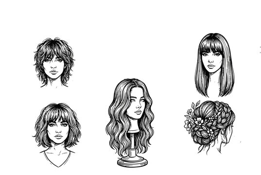 Artistic hairstyle sketches for barber and salon design. Hand-drawn vector illustrations of diverse women's haircuts and styling concepts.