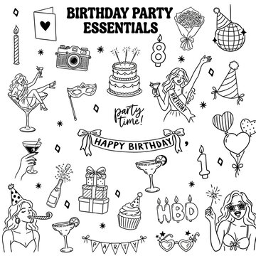 Birthday party vector icons set with cakes and decorations. Flat design celebration elements for invitations, print, and digital media.