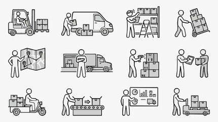 Obraz premium Minimalist Black and White Line Icons Set Featuring Logistics Warehouse Operations and Delivery Processes