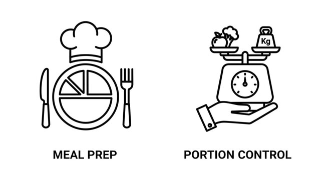 Meal prep and portion control diet management icons with nutrition lifestyle measurement utensils planning monochrome isolated wellness balanced calories culinary analysis