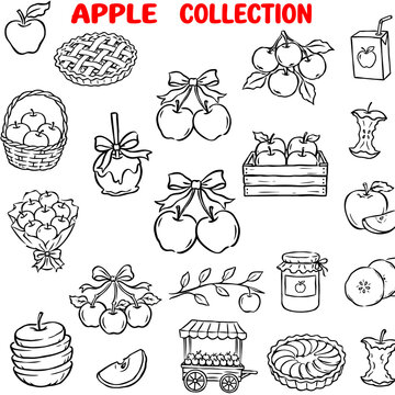 Hand-drawn apple clipart set with fruits and decorative elements. Vector-style autumn harvest illustrations for seasonal design projects.